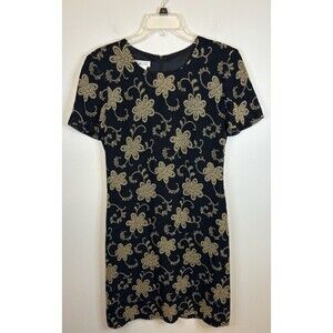 TALBOTS Vintage Floral Brocade Sheath Dress 6 Black Metallic Gold Jacquard Party